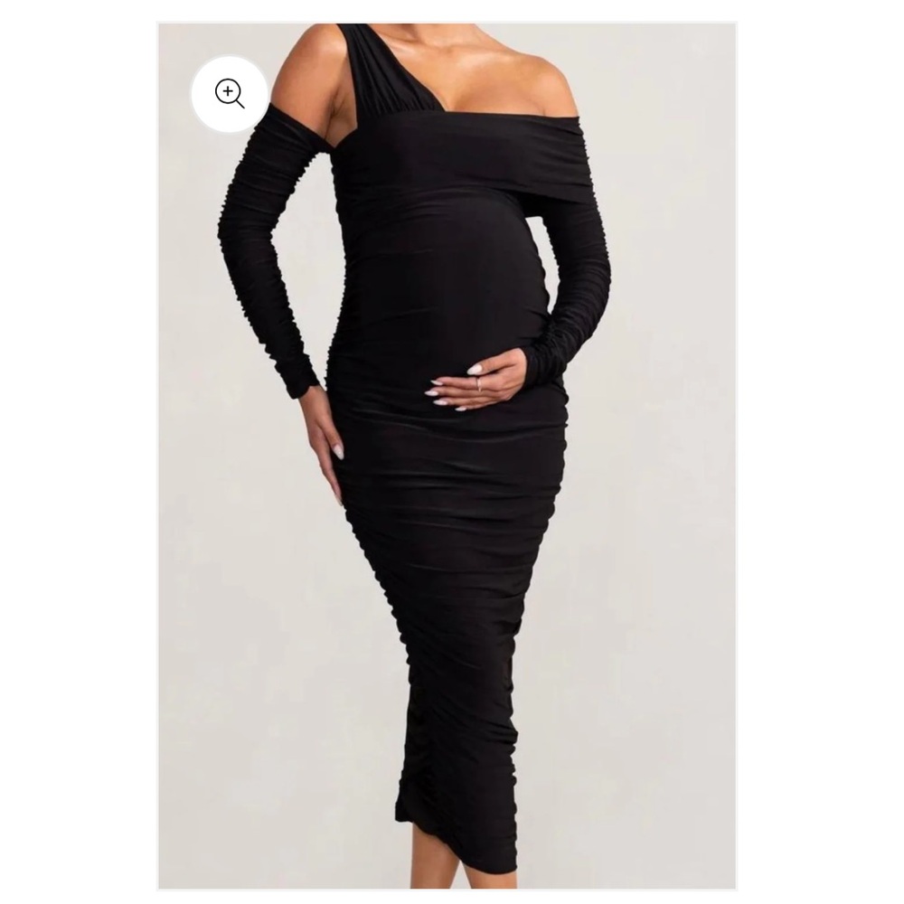 Club London Asymmetric Bardot Maternity Midi dress with sleeves